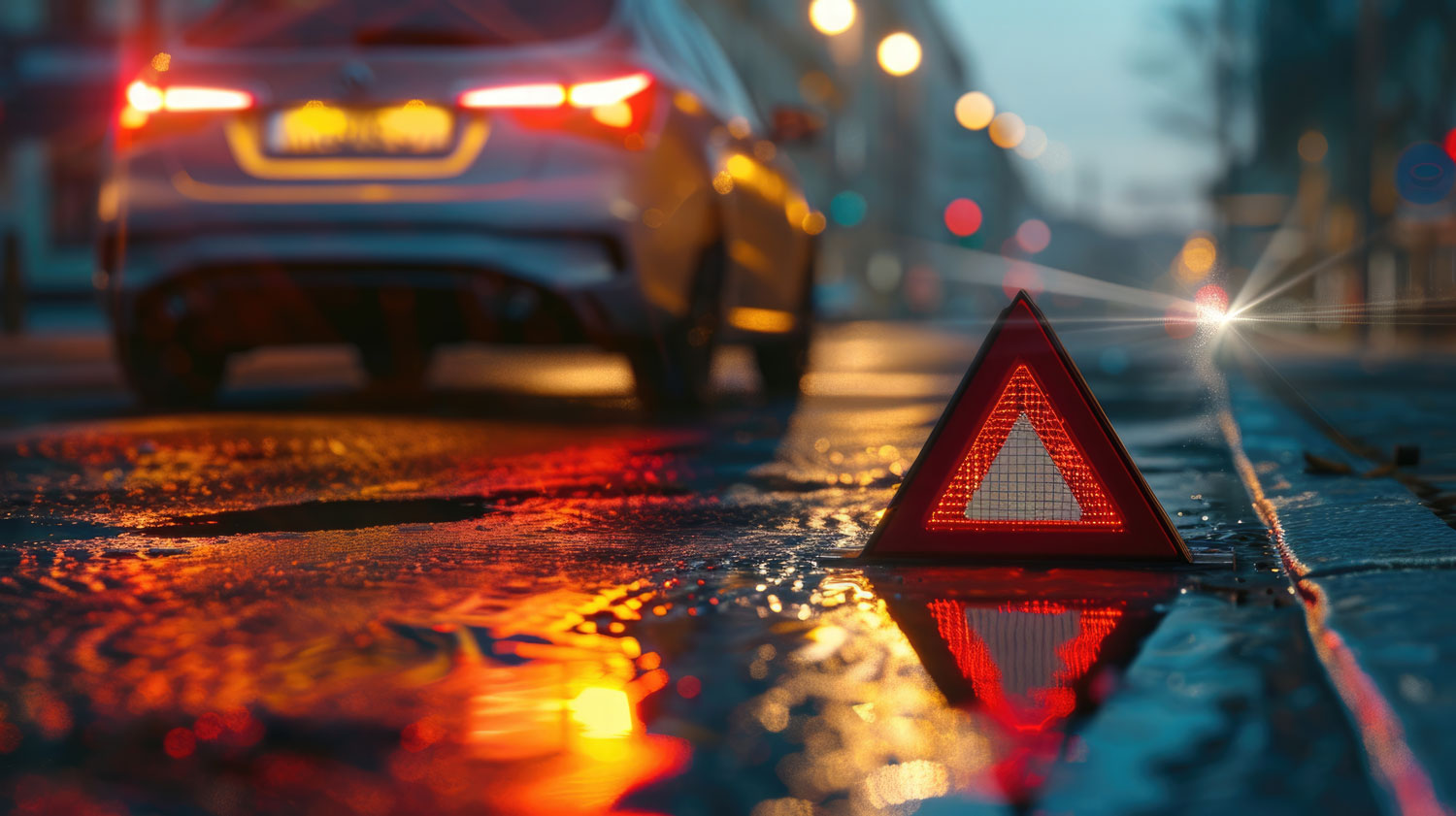 Reflective triangles placed behind a vehicle at night, ensuring visibility during a breakdown.