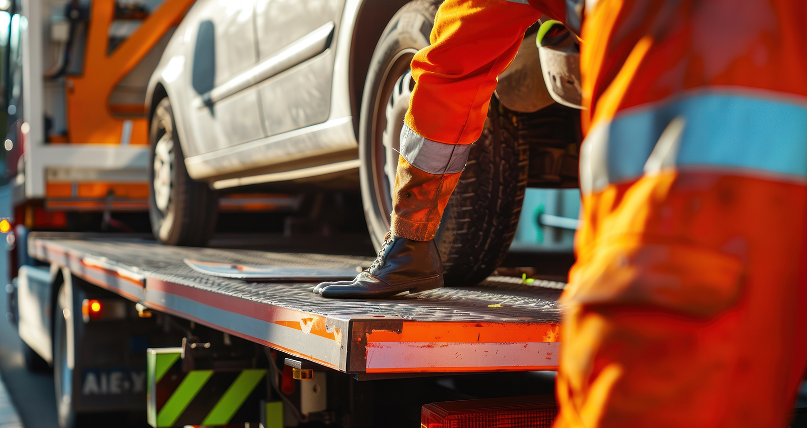  Tow truck operator assisting a stranded driver during a 24-hour emergency roadside call.