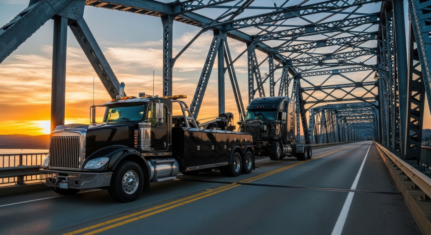 Heavy duty tow truck hauling a disabled semi-truck across a steel bridge at sunset.