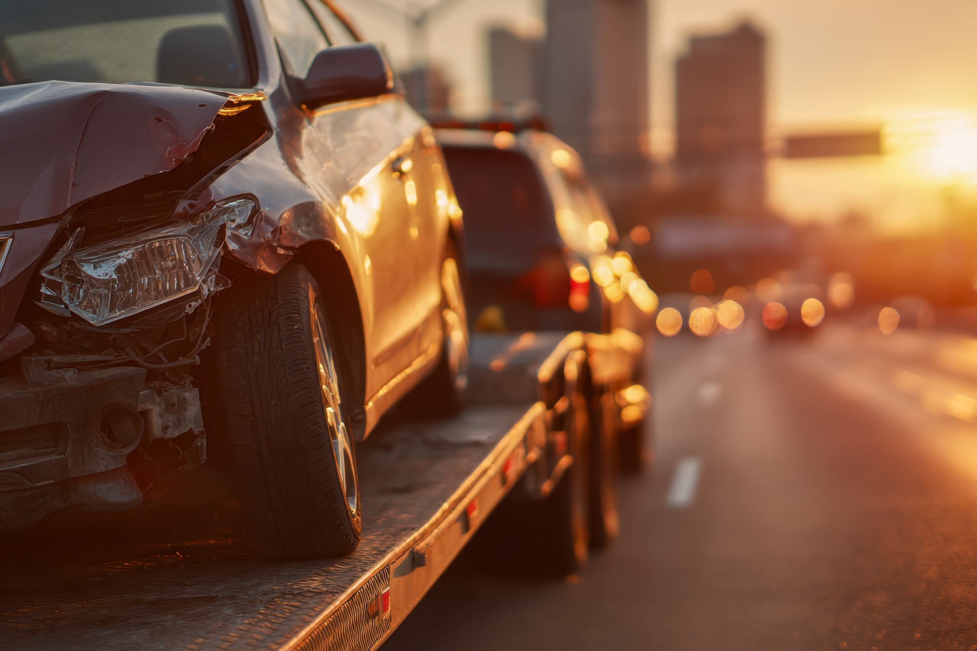 A damaged car on a flatbed trailer during sunset, illustrating the need for reliable 24 hour towing near me in Nashville for emergency roadside accidents.